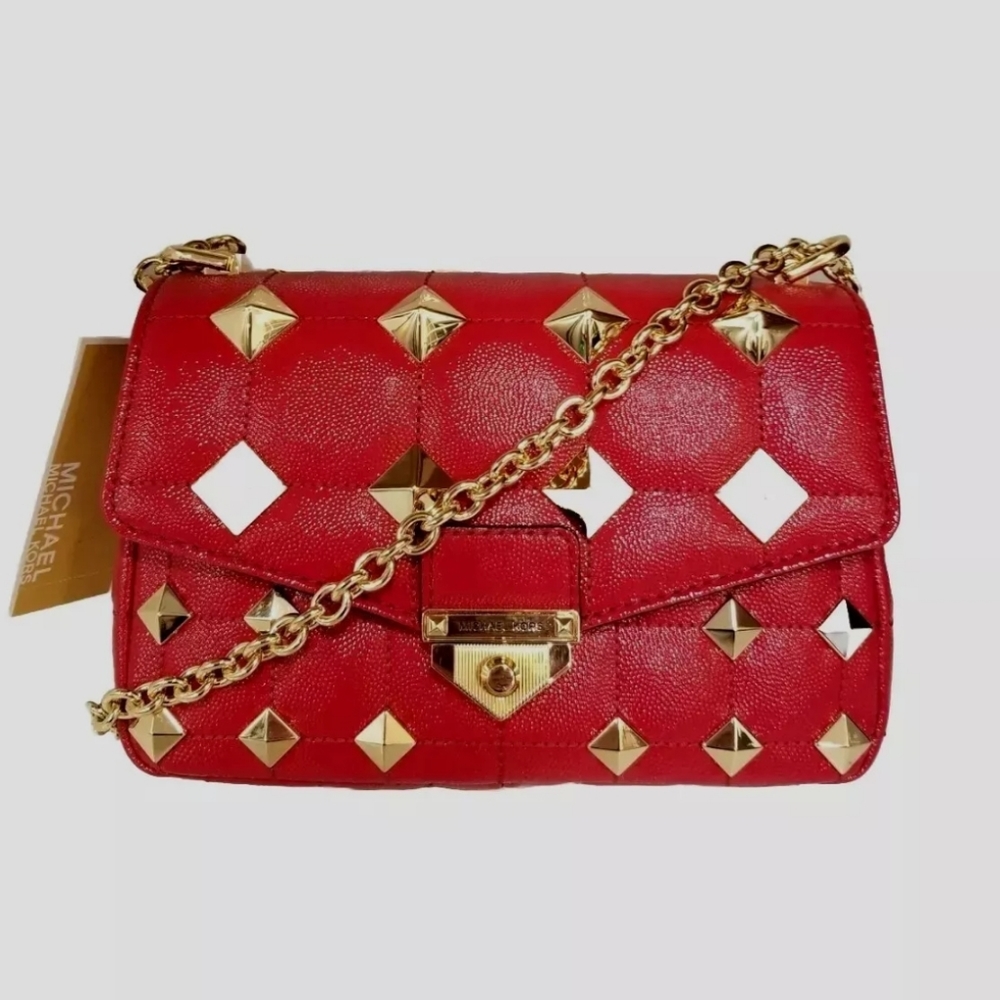 NWT!  MICHAEL KORS SOHO SMALL CRIMSON 🔥🔥 STUDDED CHAIN LEATHER SHOULDER BAG